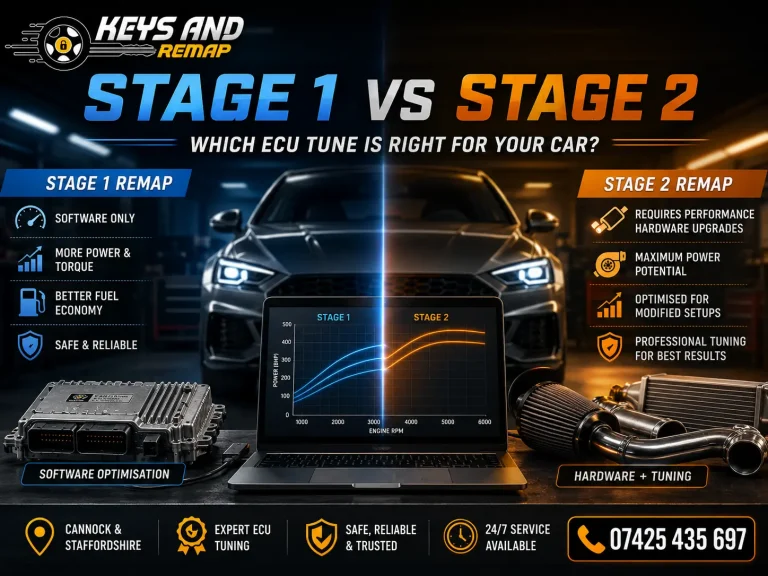 Stage 1 vs Stage 2 ECU remap comparison showing software tuning and performance upgrades in Cannock by keys and remap solution UK