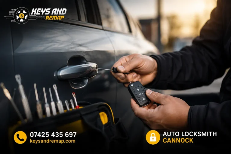 Auto locksmith service in Cannock showing car key and lock icon with Keys & Remap logo, call 07425 435 697