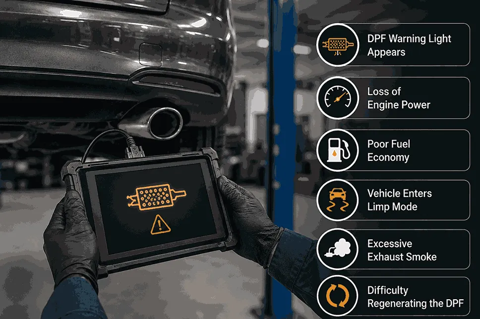 Mechanic diagnosing a diesel vehicle showing common signs of a blocked DPF